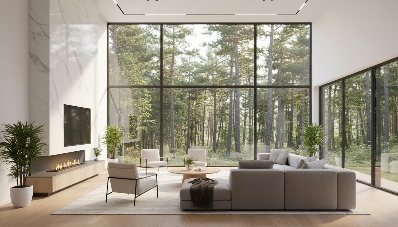 Просторная и светлая гостиная загородного дома с высоким потолком, современным камином и панорамными окнами с видом на лес