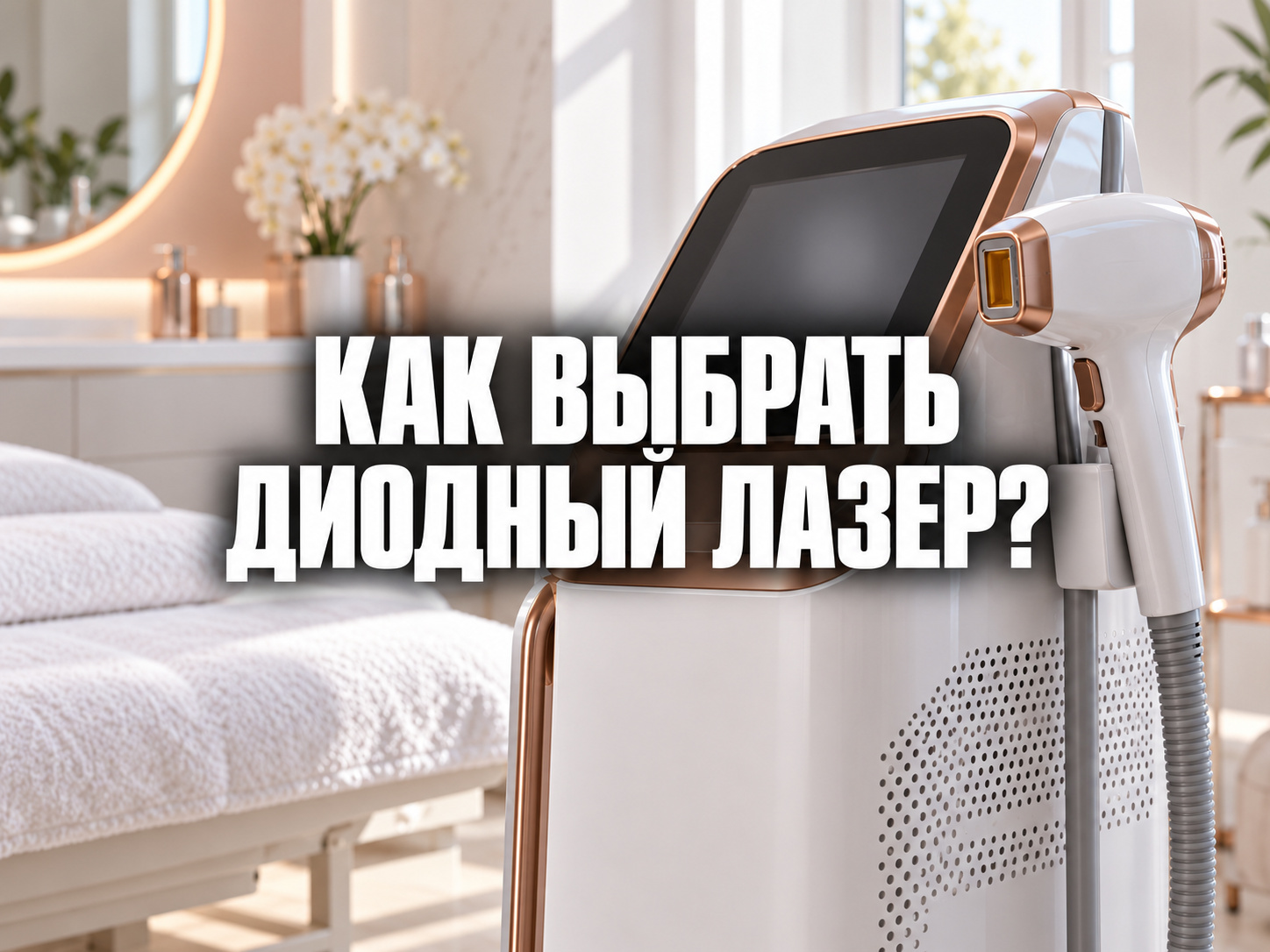 Аппарат для диодной лазерной эпиляции в светлом кабинете; по центру фраза «КАК ВЫБРАТЬ ДИОДНЫЙ ЛАЗЕР?»