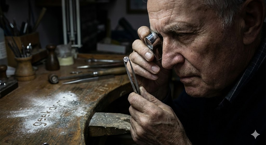 Ювелир проверяет бриллиант через лупу в мастерской. 