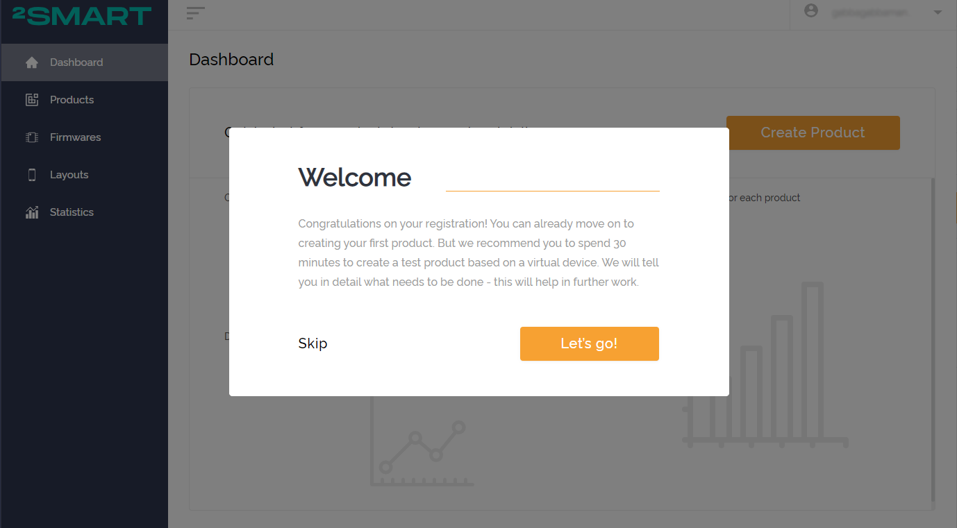 New user welcome screen with a proposal to create a test virtual product