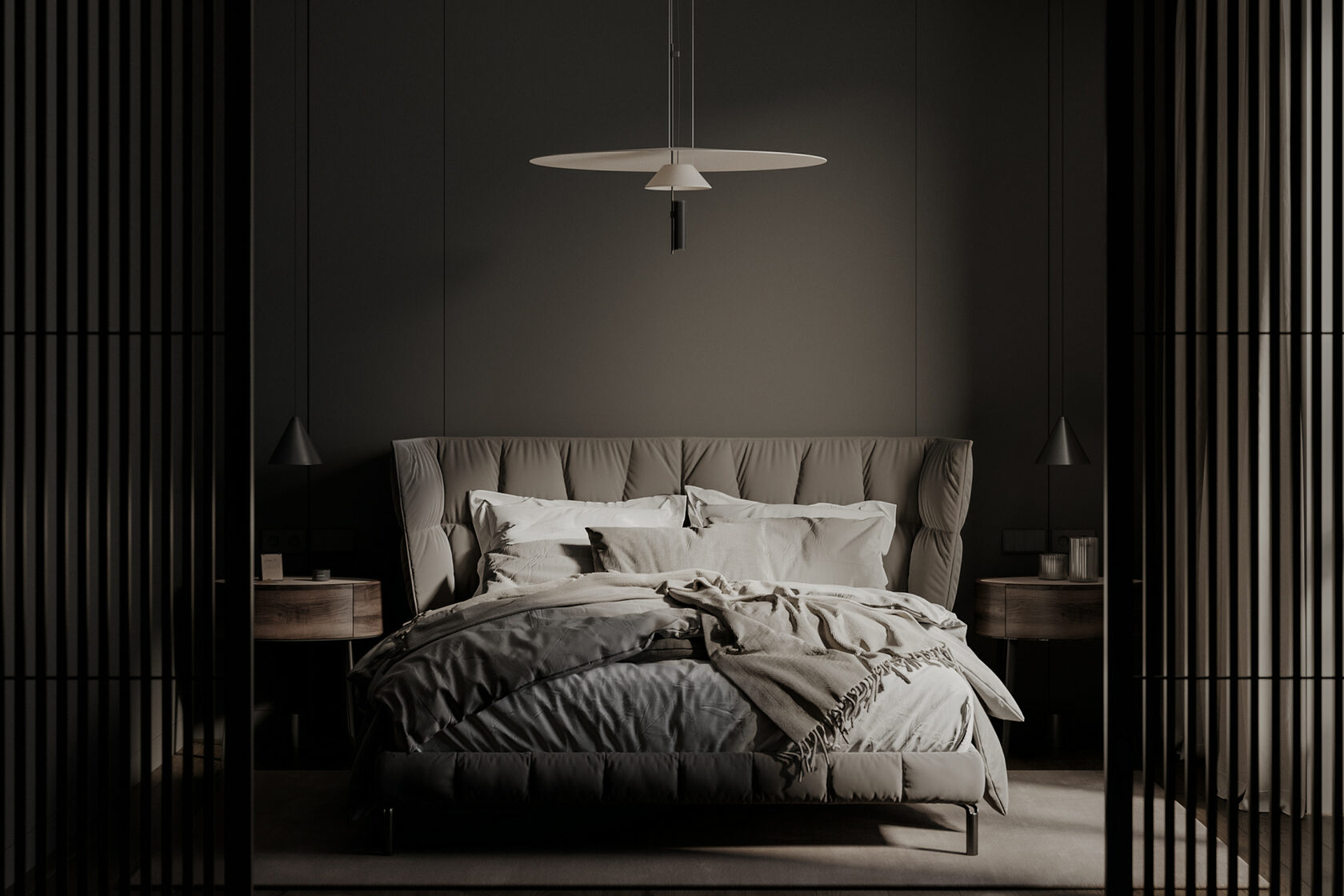 Кровать B&B Italia Husk, прикроватные тумбочки Poliform Kelly, потолочный светильник Vibia Flamingo, струнные светильники Flos