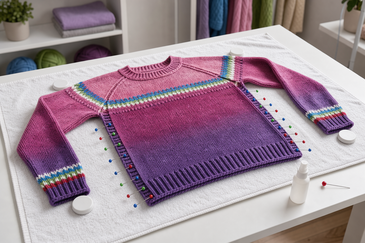 A knitted sweater laid flat on a dry towel being shaped and smoothed for air drying, with pins or weights gently holding edges
