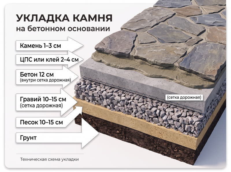 Схема укладки камня на бетонном основании: камень 1–3 см, ЦПС или клей 2–4 см, бетон 12 см с сеткой, гравий 10–15 см, песок 10–15 см, грунт