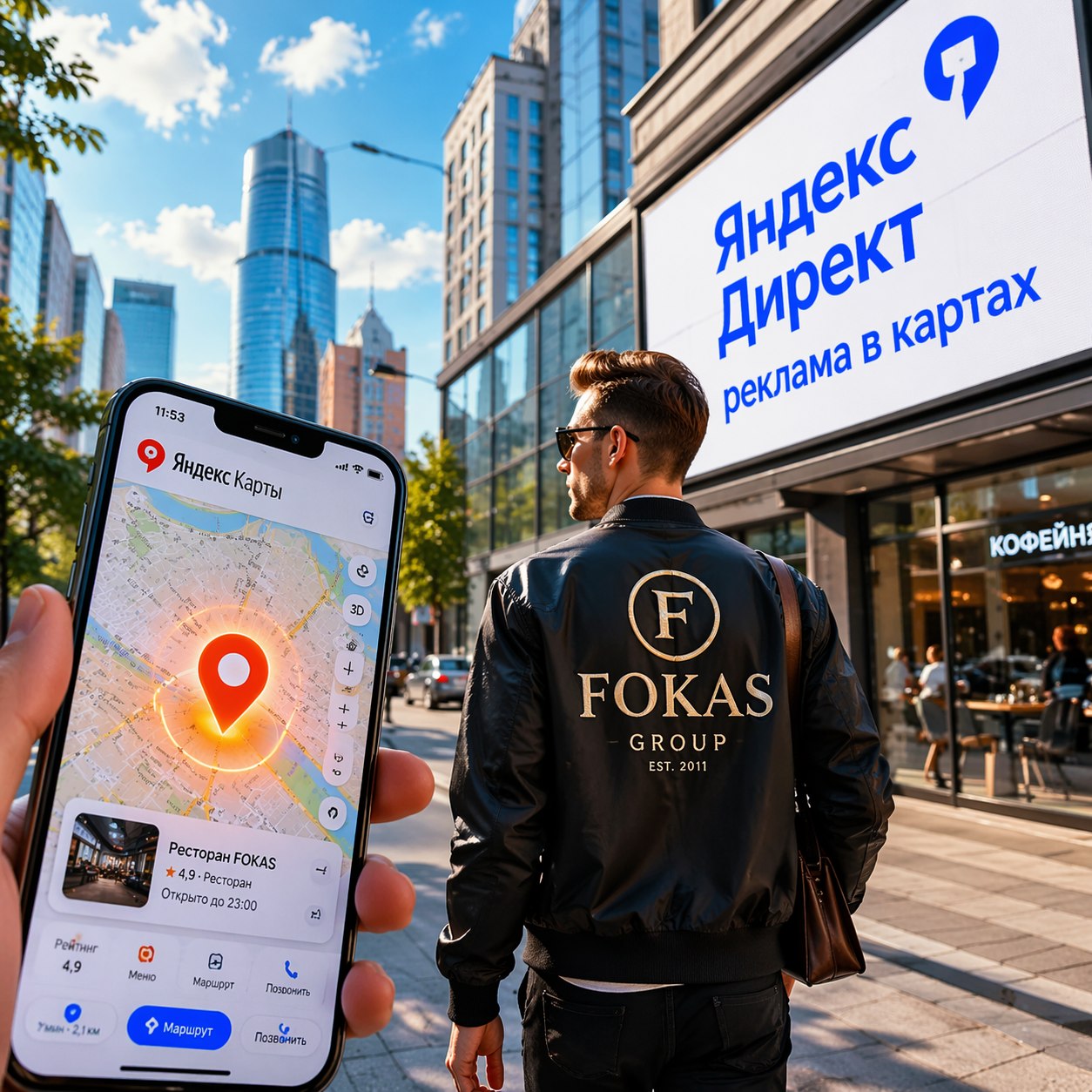 Профессионал в фирменной одежде FOKAS использует Яндекс Директ реклама в картах для привлечения клиентов в современном городе-миллионнике