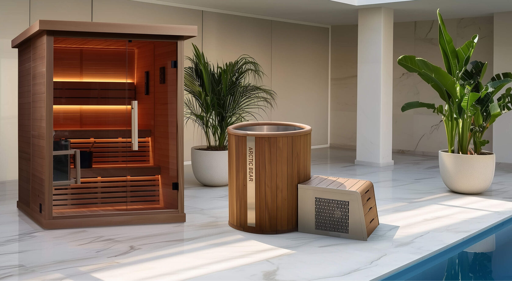 Luxury home wellness spa featuring an Arctic Bear cedar ice bath with chiller, a glass-door Finnish sauna with LED lighting, and large potted palm plants next to an indoor pool