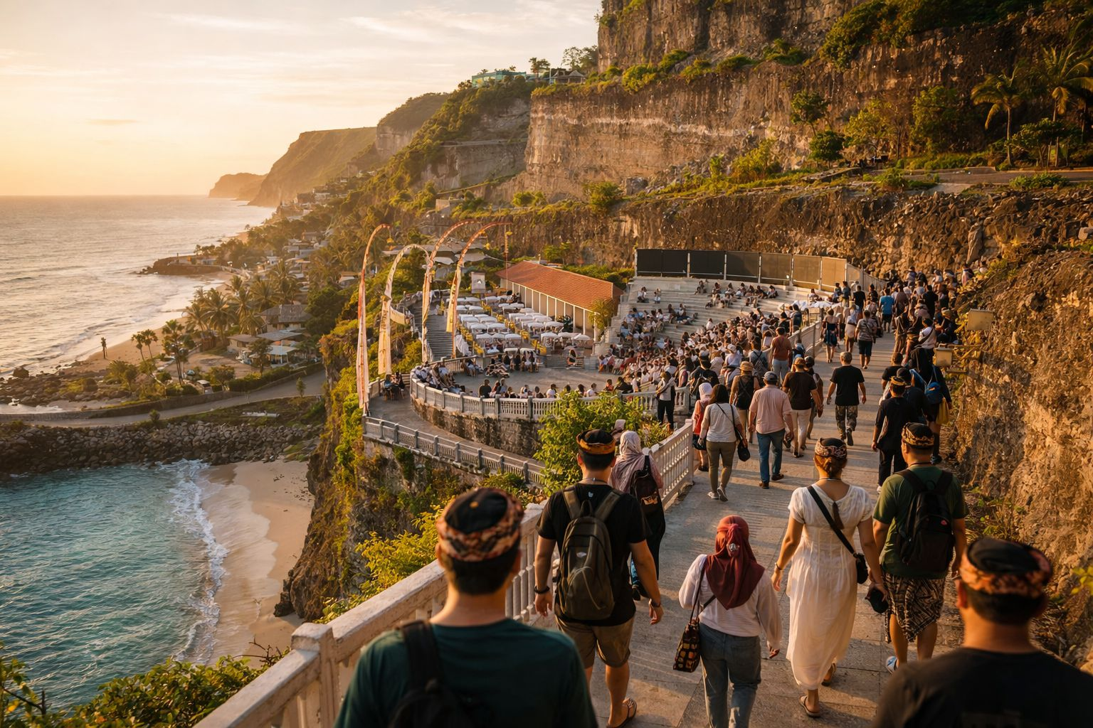 Pengunjung berjalan menuju area pertunjukan Tari Kecak di Pantai Melasti Bali saat golden hour