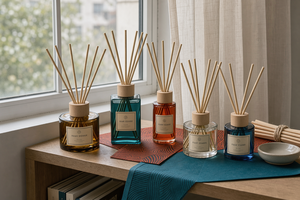 set of reed diffuser bottles of different shapes on a shelf with rattan sticks and small labels, soft daylight through window
