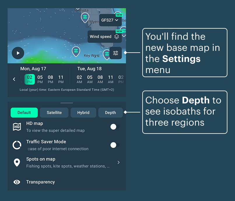 Depth charts can be found in the Settings menu on the map
