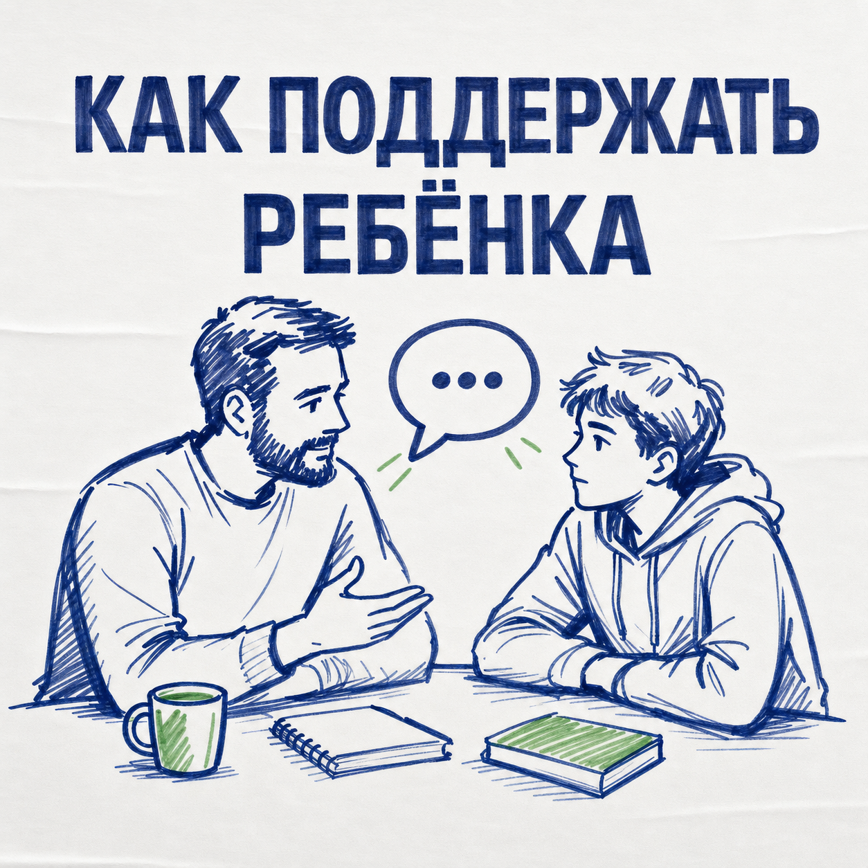 Иллюстрация: отец и сын за столом в спокойном разговоре — «Как поддержать ребёнка»