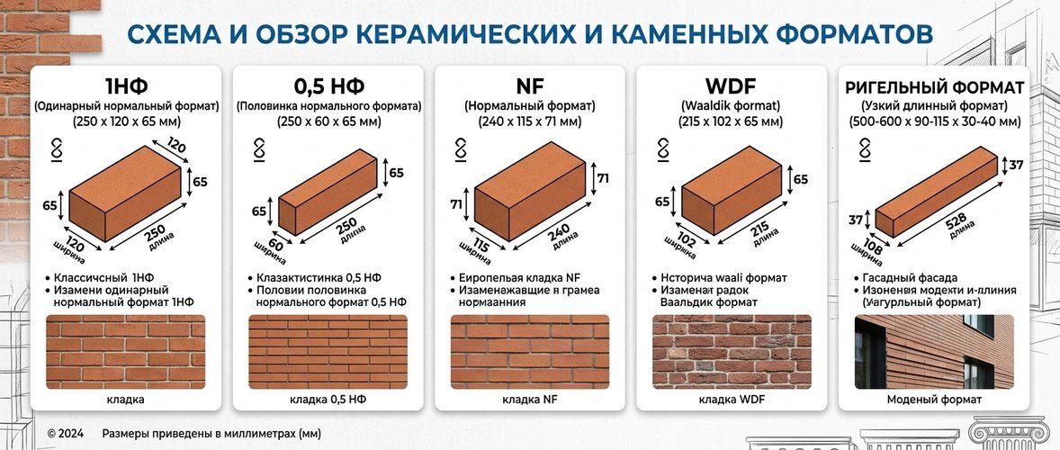 форматы кирпича 1НФ 0,5 НФ NF WDF ригель