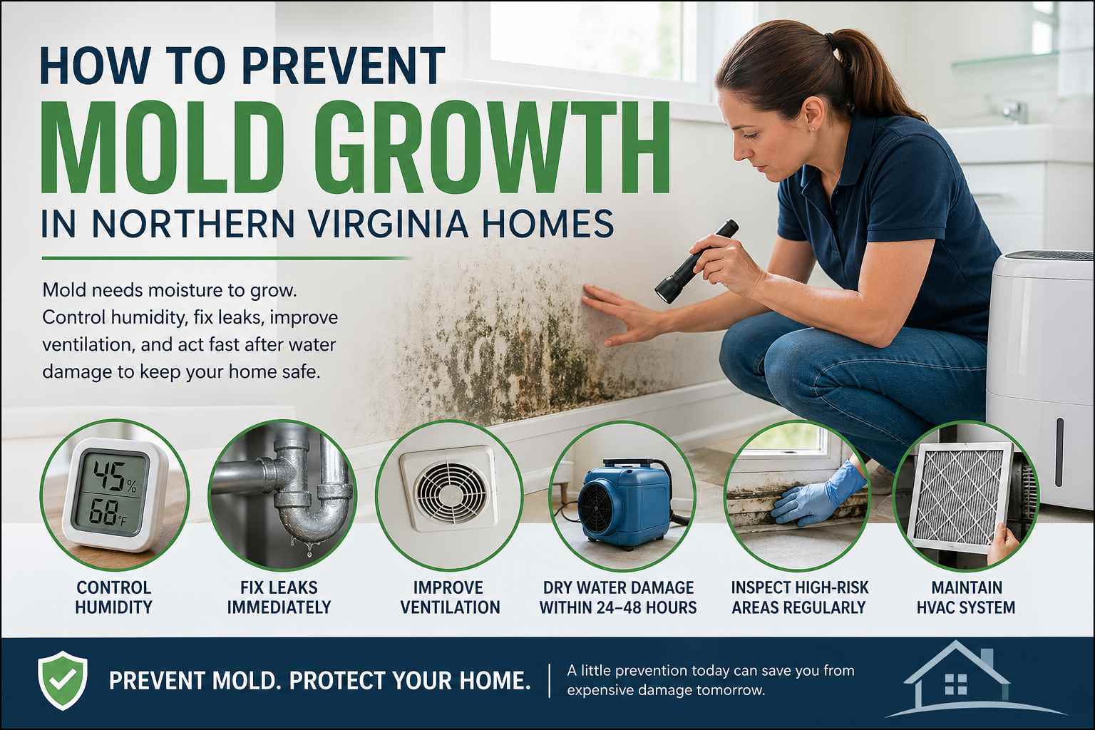 Mold prevention tips for Northern Virginia homes, including humidity control, leak repair, ventilation, drying water damage, and HVAC maintenance.