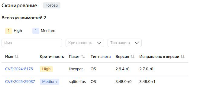 Скриншот панели «Сканирование» с двумя CVE‑записями — CVE‑2024‑8176 (High) и CVE‑2025‑29087 (Medium). Видно критичность, пакет libexpat и sqlite‑libs, текущую и исправленную версии.