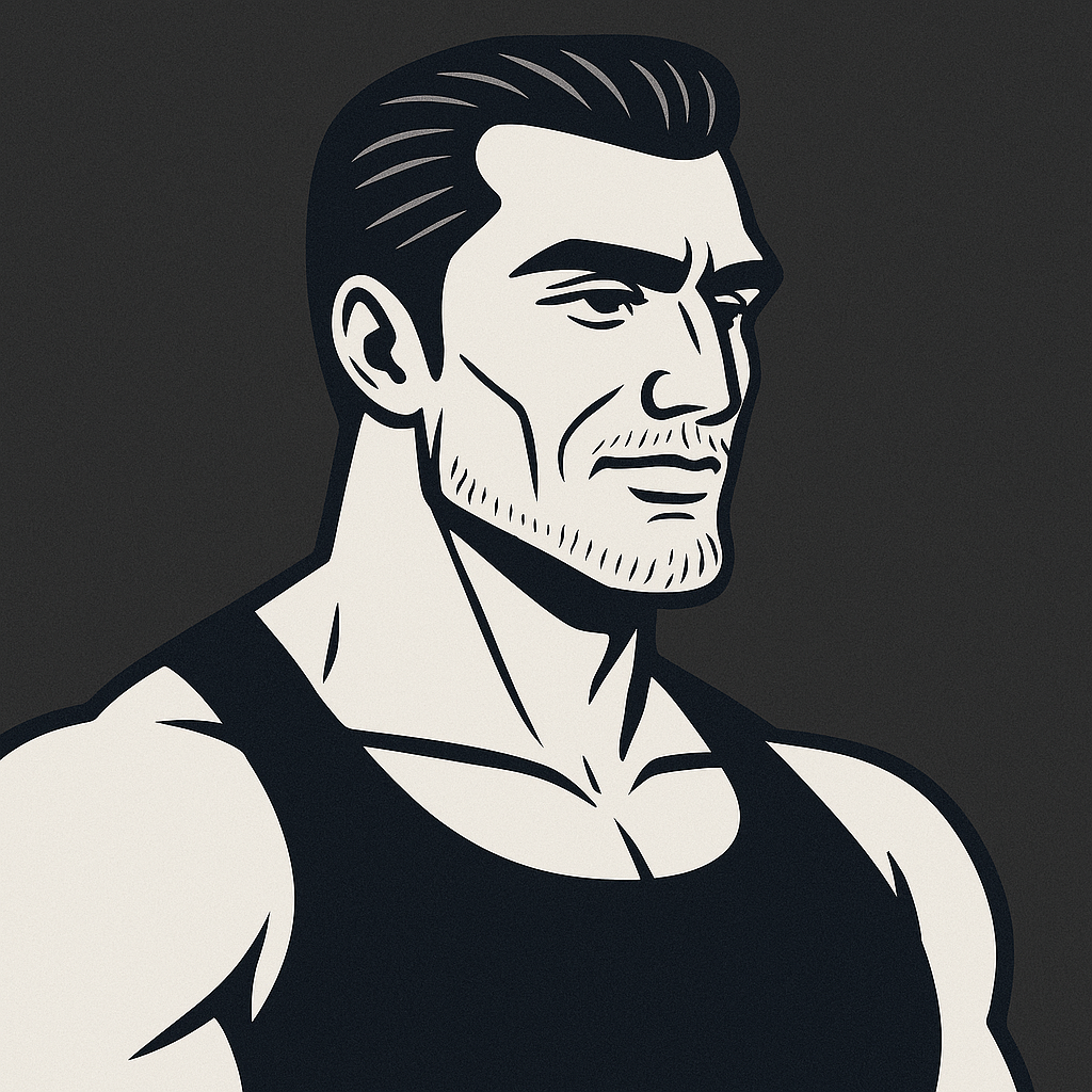 Стилёвый образ гигачада — воплощение силы, стиля и гиперболизированной маскулинности. Мемный вайб, мужественная фигура, уверенный взгляд.