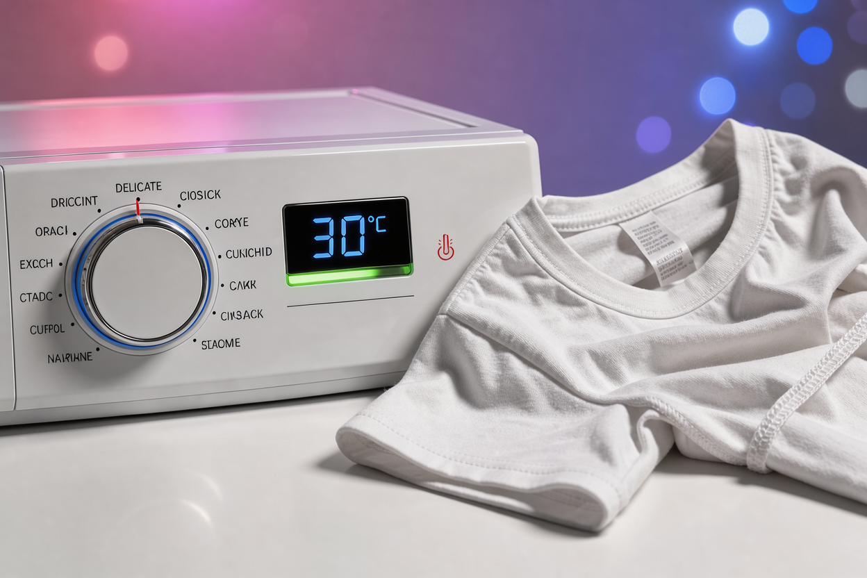 Close view of washing machine dial set to a delicate cycle with a visible temperature indicator, alongside a turned-inside-out T-shirt draped nearby, no detergents shown