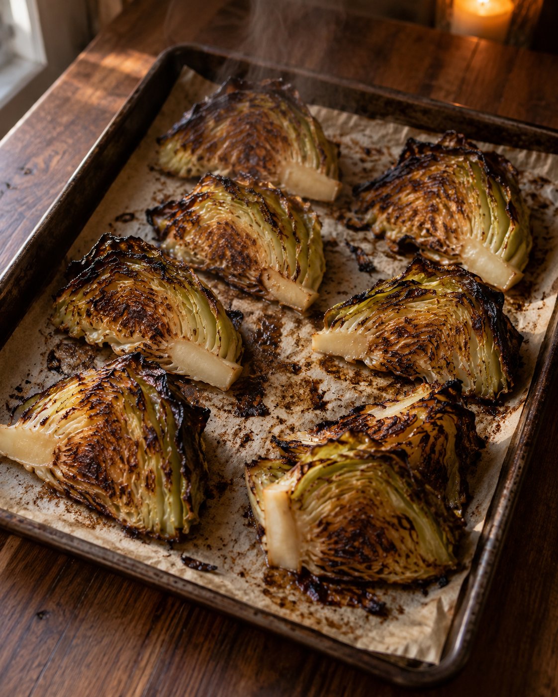 Eight cabbage wedges just out of a 450 °F oven on a parchment-lined sheet pan, cut sides dark brown, leaf tips charred black