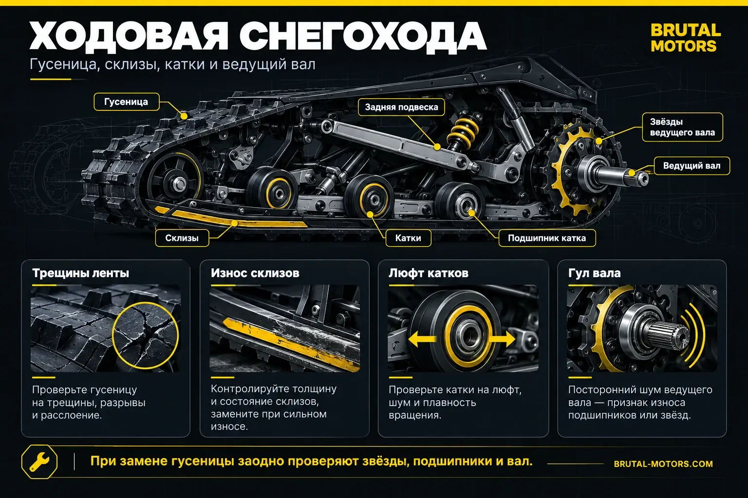 Ходовая часть снегохода: гусеница, склизы, катки, подвеска и ведущий вал