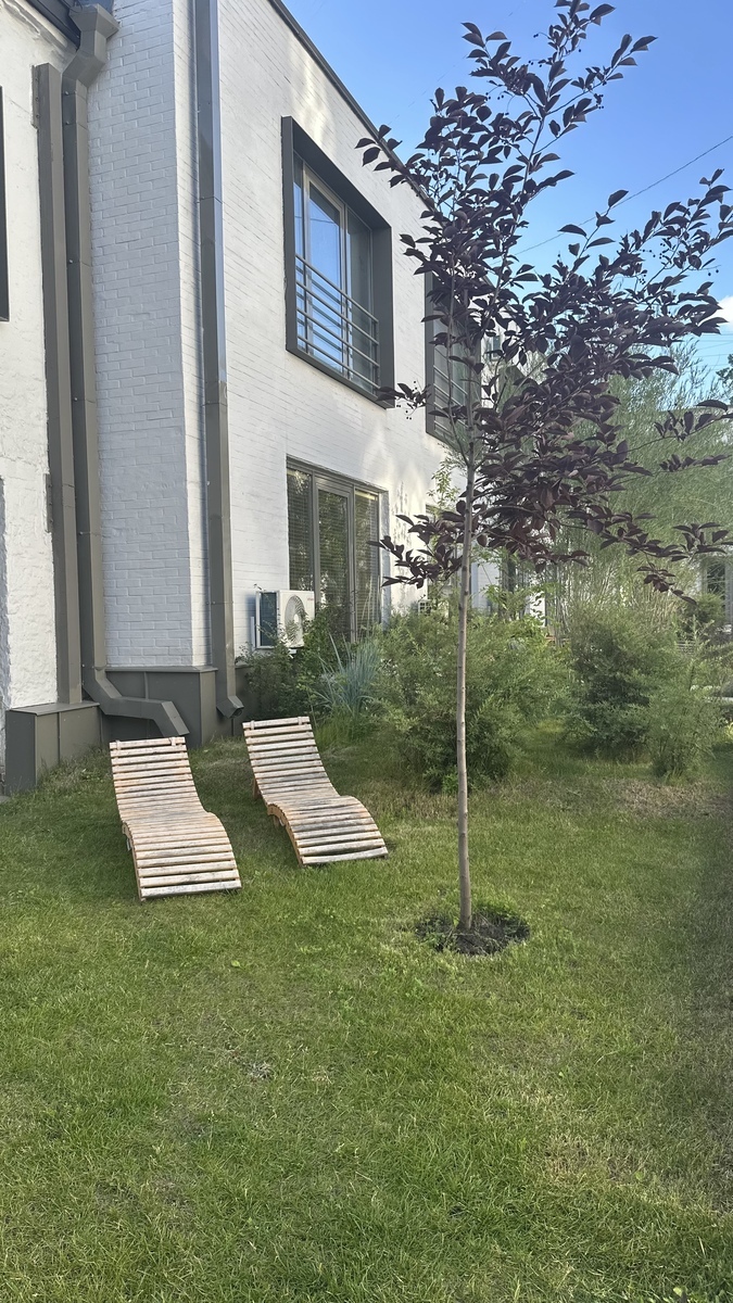 Внутренний двор кластера бизнес-класса (лежаки и насаждения), где расположена студия ПАУЗА. Зона отдыха в Москве.