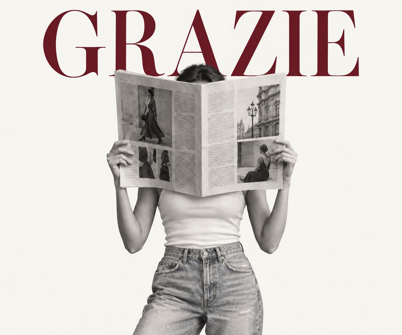Woman reading a fashion magazine under the word Grazie - SUPERSTUDIO