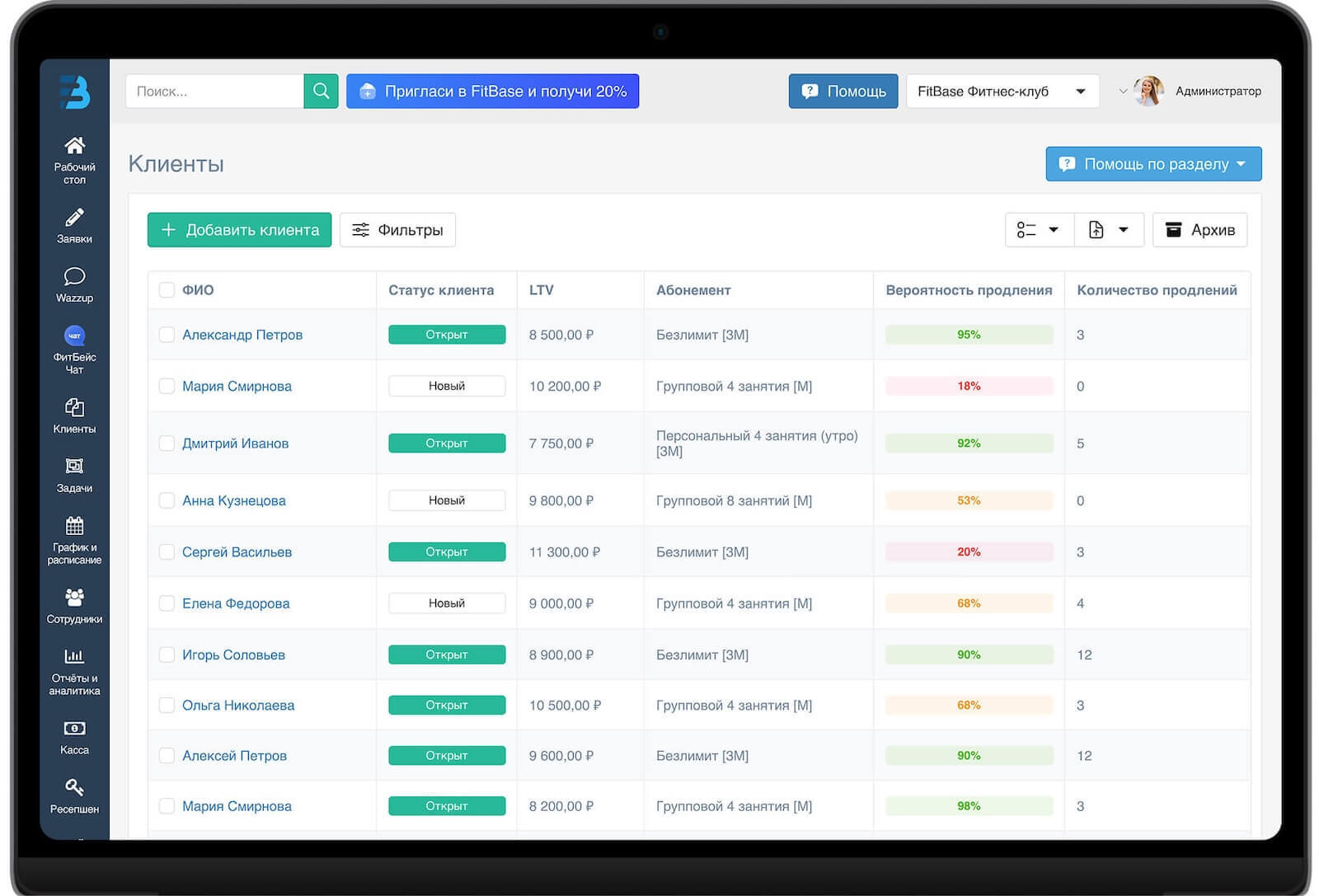 Задача на возврат клиента в FitBase