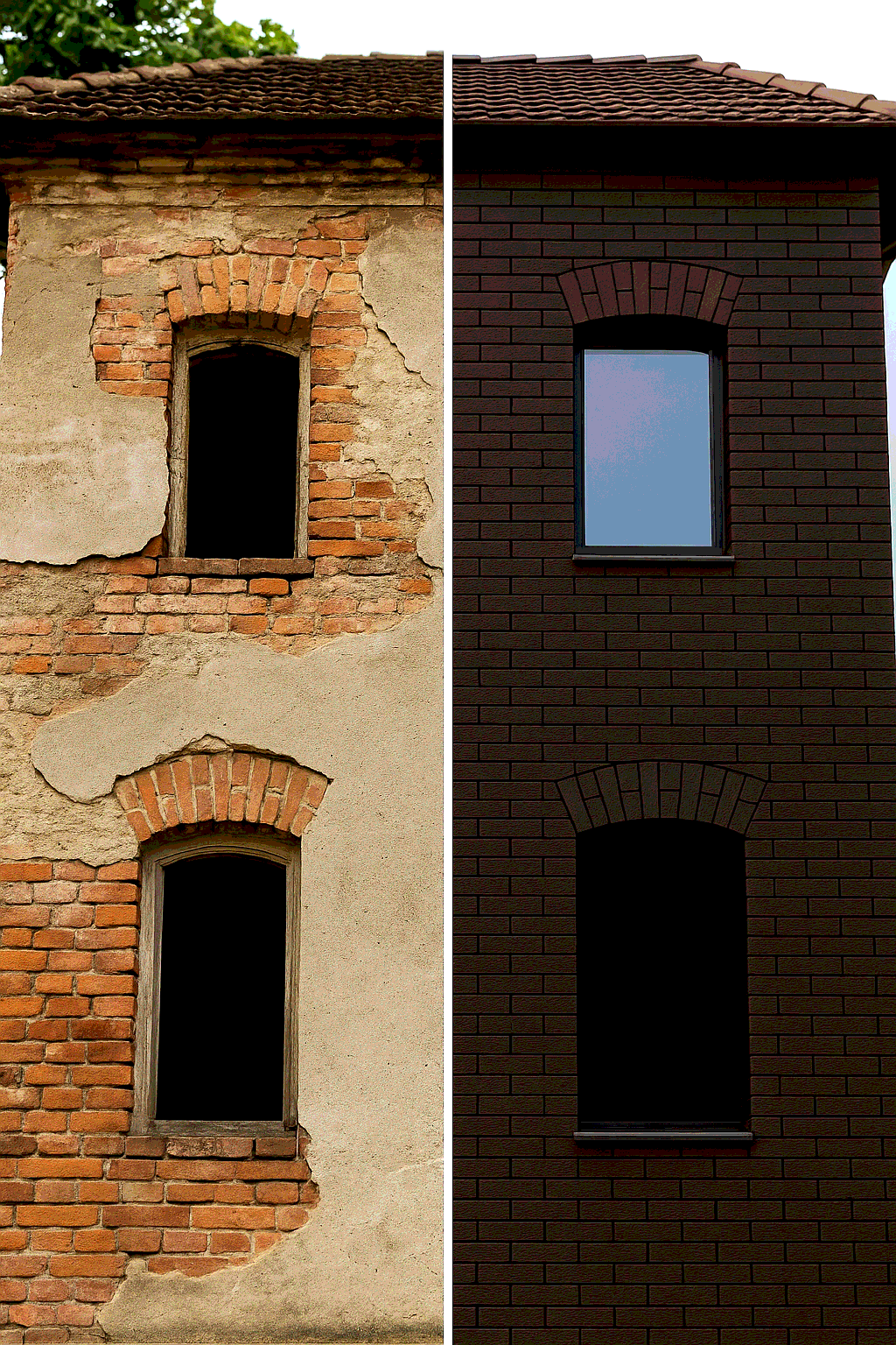 До и после обновления стены, окно и арки — гибкий камень для фасада — фасадный декор