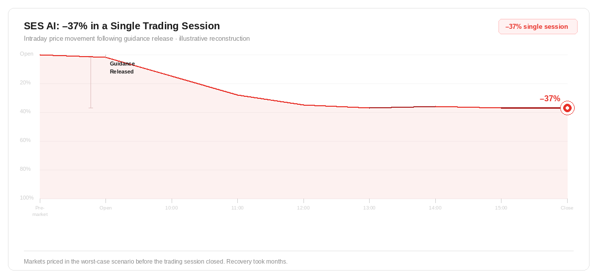 Line chart showing SES AI intraday price collapse of 37% in a single trading session following guidance release, with guidance release marker at market open and final closing price annotated.