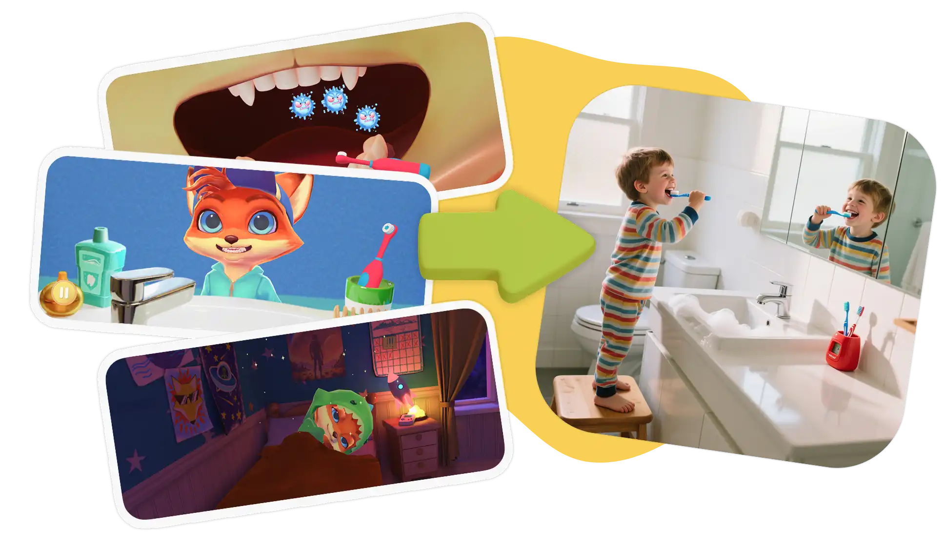 First Gadget screen-to-real app flow: from playing educational games to brushing teeth in real life