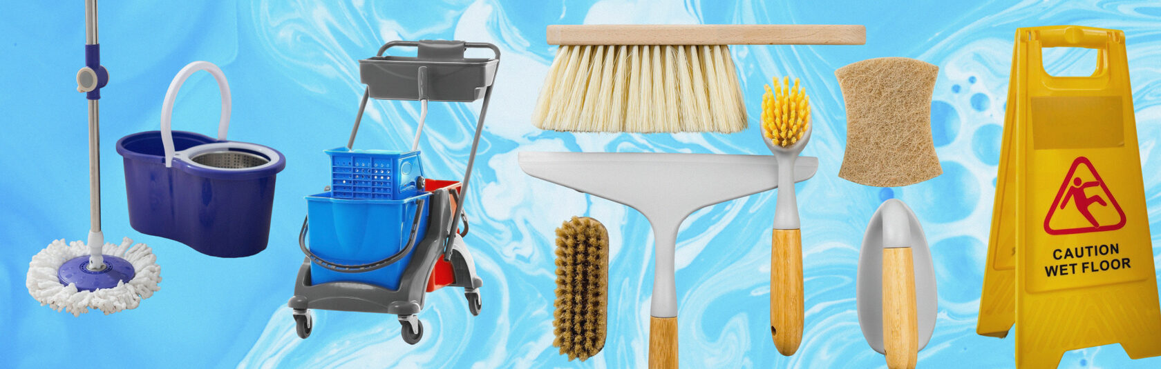 Профессиональный инвентарь для уборки: швабры, мопы, щётки, салфетки, ведра и уборочные тележки.