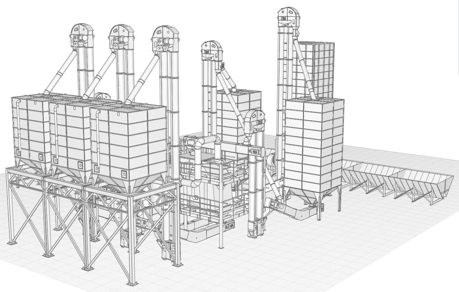 BIM-модель силосного корпуса с конвейерами — изометрия
