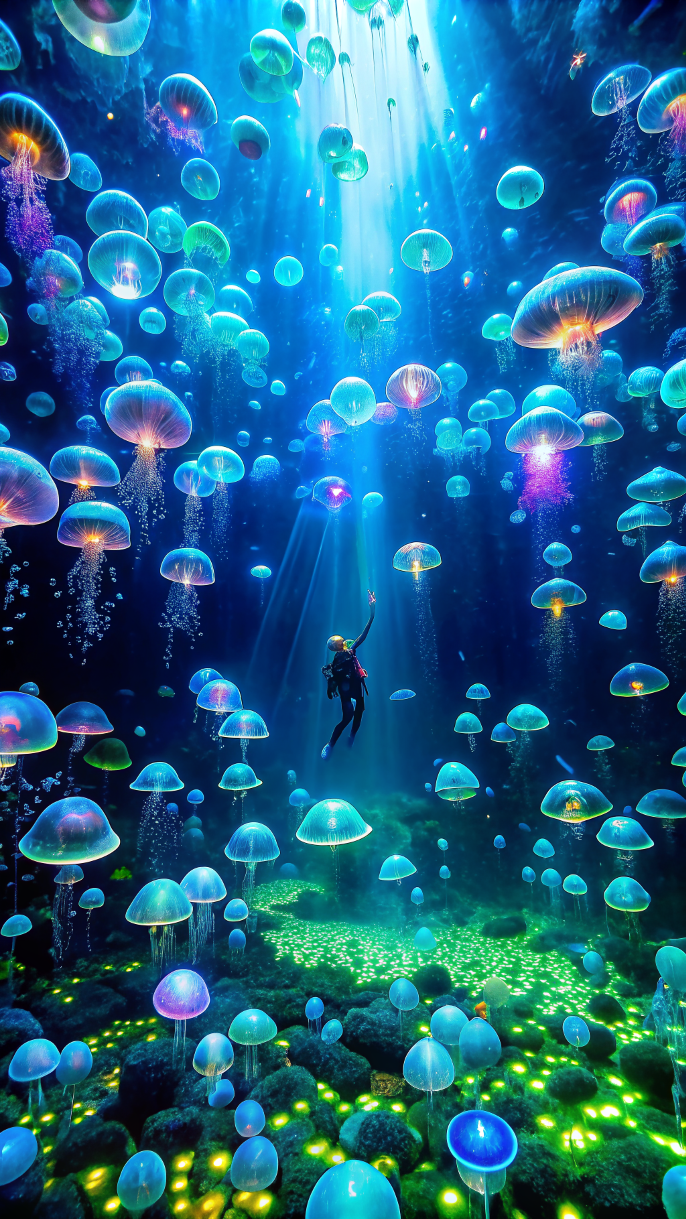 Аквалангист в загадочных глубинах океана, наполненных светящимися медузами