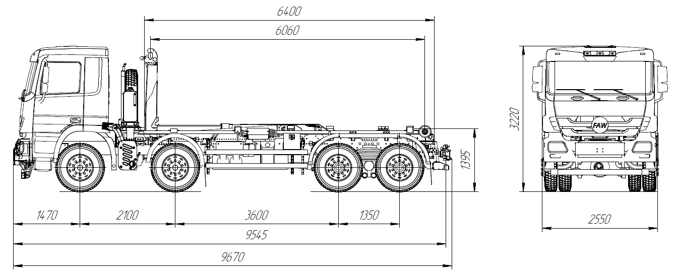 Габаритные размеры FAW CA3310 (3600) 8×4 с крюковым погрузчиком ВК Т30-6400 (мультилифт)