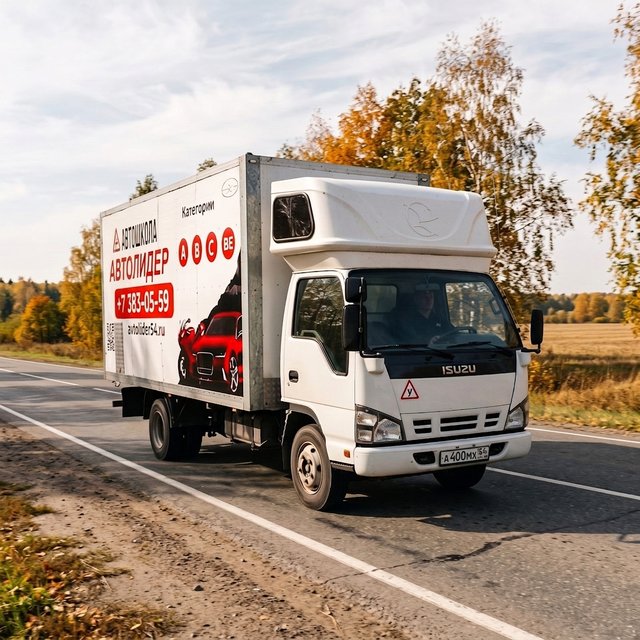 Учебный грузовик автошколы АвтоЛИДЕР на маршруте — практика категории C