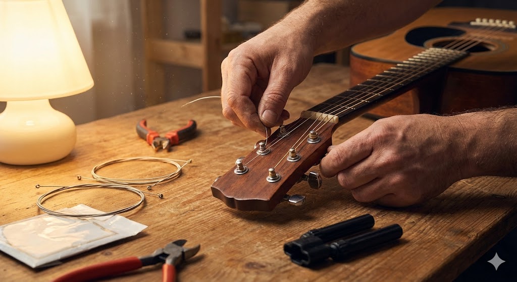Процесс замены струн на акустической гитаре, уход за музыкальным инструментом
