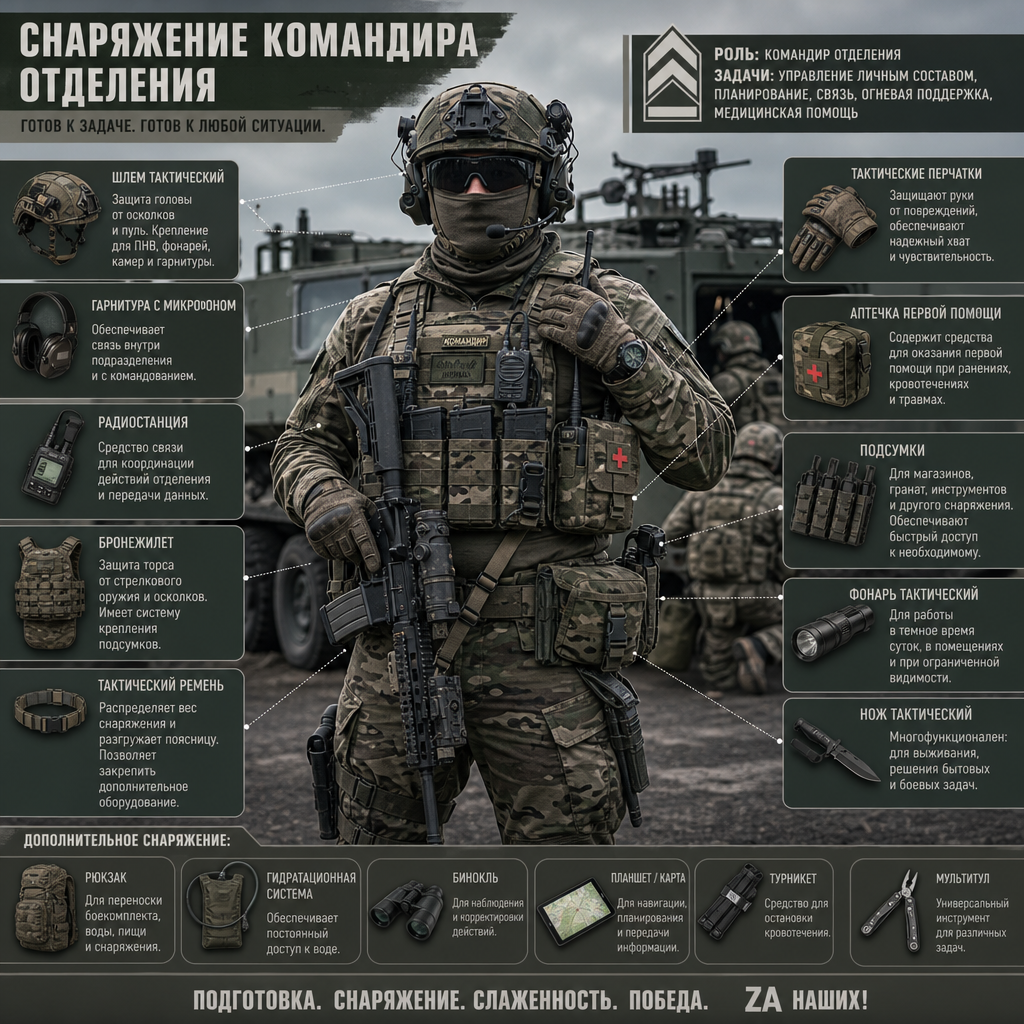 Военнослужащий в полной экипировке — бронежилет, шлем, тактическое снаряжение — на фоне военной техники перед отправкой. Детальное снаряжение командира отделения: рация, аптечка, тактические перчатки