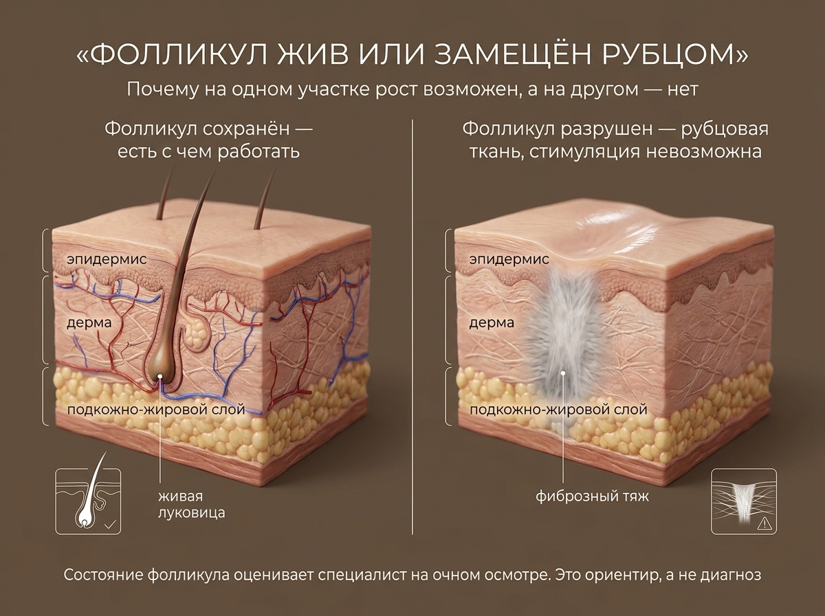 Разница между сохраненным и разрушенным (рубцовым) волосяным фолликулом - почему мезотерапия работает только там, где фолликул жив