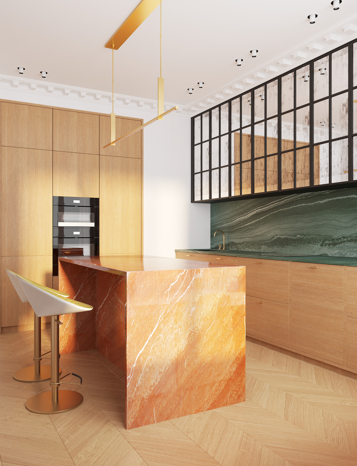 Состаренное зеркало на фасаде кухонных шкафов в интерьере дизайнера Екатерины Фёдоровой