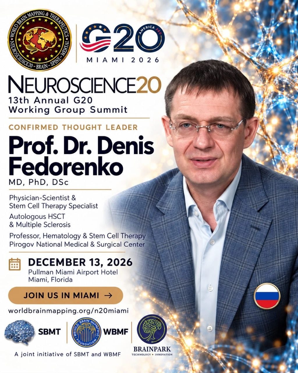 Neuroscience20 Miami 2026 official poster featuring Prof. Dr. Denis Fedorenko