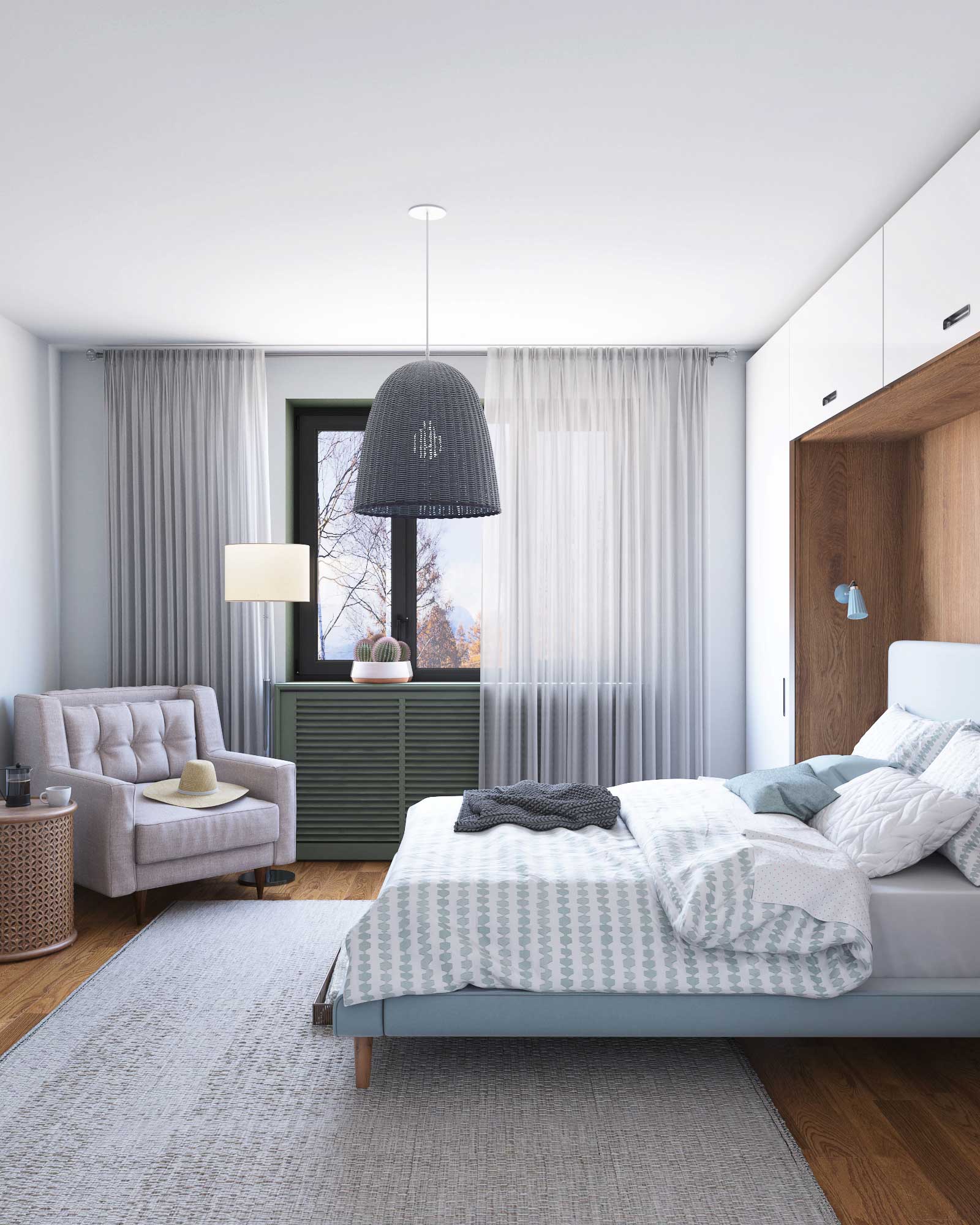 Минималистичная спальня с голубой кроватью, креслом. Плетенный светильник, ковер под кроватью.