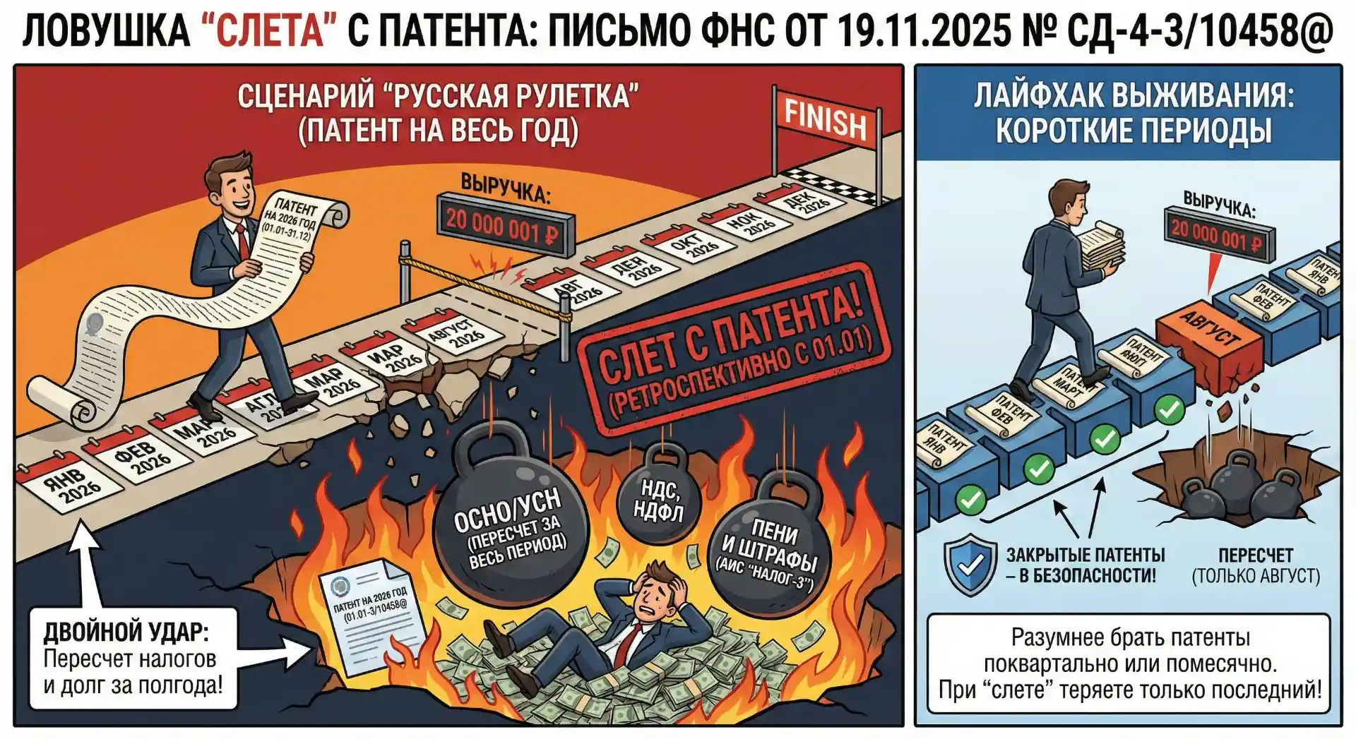 Инфографика сравнения рисков: покупка патента на год против помесячных патентов. Сценарий пересчета налогов с начала года при превышении лимита 20 млн рублей (Письмо ФНС от 19.11.2025)