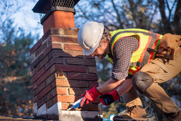 Roofer in hard hat, safety vest, and work gloves, applies cement to a brick chimney for waterproofing. 53-year-old male contractor in safety gear performs maintenance work on a brick chimney. Wearing a hard hat, safety vest, and work gloves, he bends over the rooftop to waterproof around the chimney vent. The brick structure features a metal cap and is surrounded by autumn trees in the background. The worker is equipped with proper safety equipment including a high-visibility vest while conducting the repair work during daytime. Repairs Handyman Services stock pictures, royalty-free photos & images