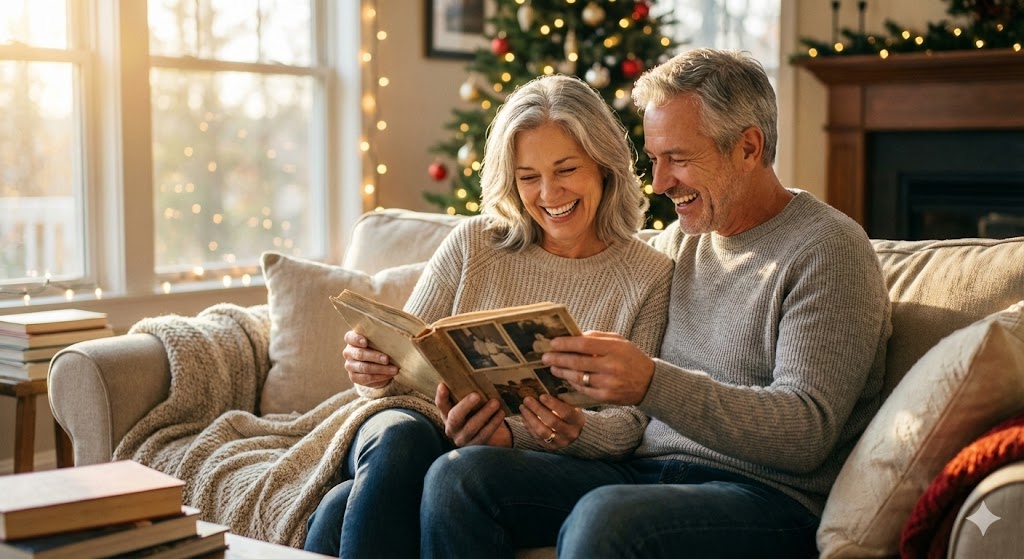 Счастливая супружеская пара рассматривает семейный фотоальбом в уютной домашней обстановке в День супругов