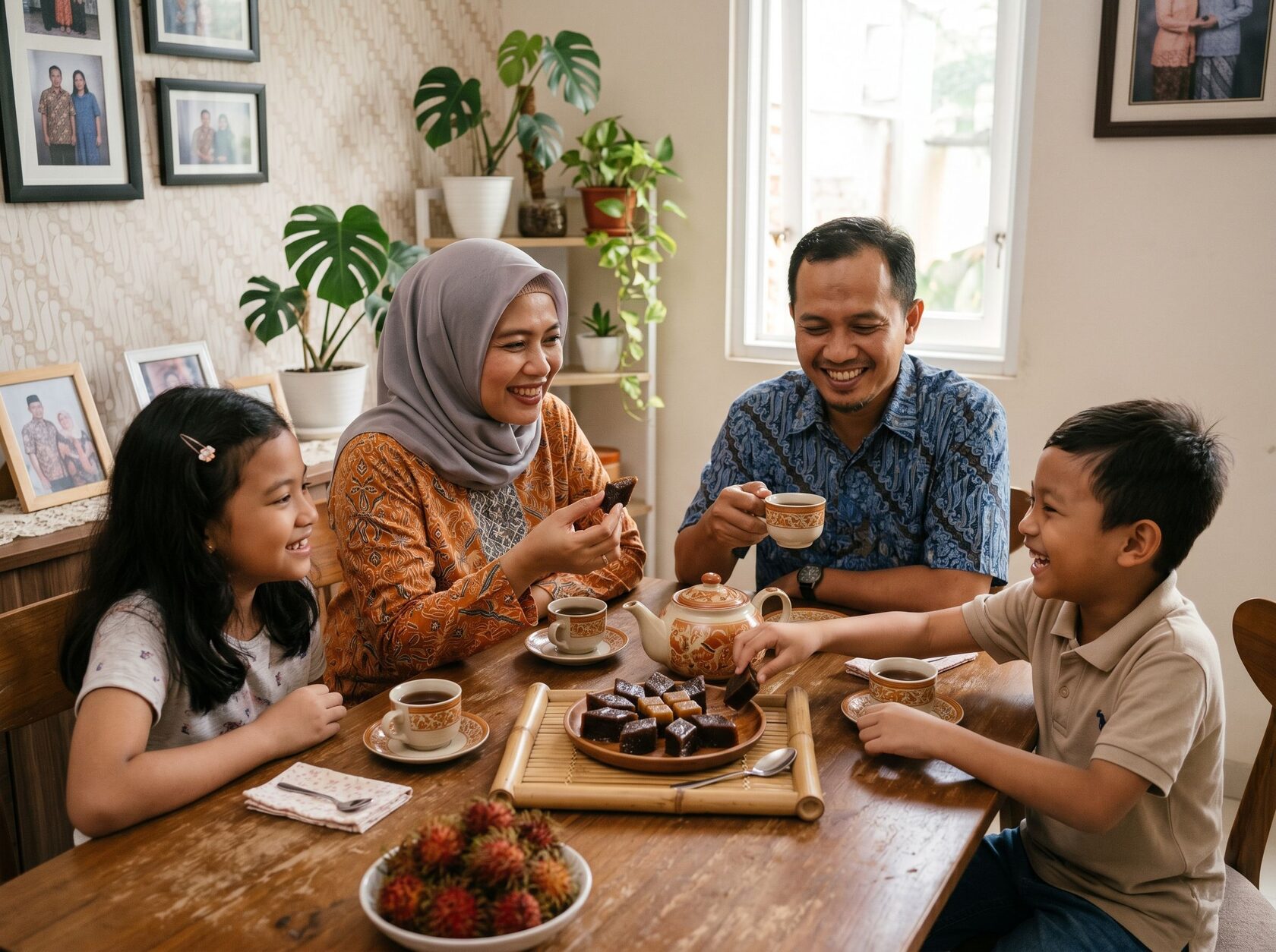 Keluarga Indonesia menikmati dodol Betawi di rumah