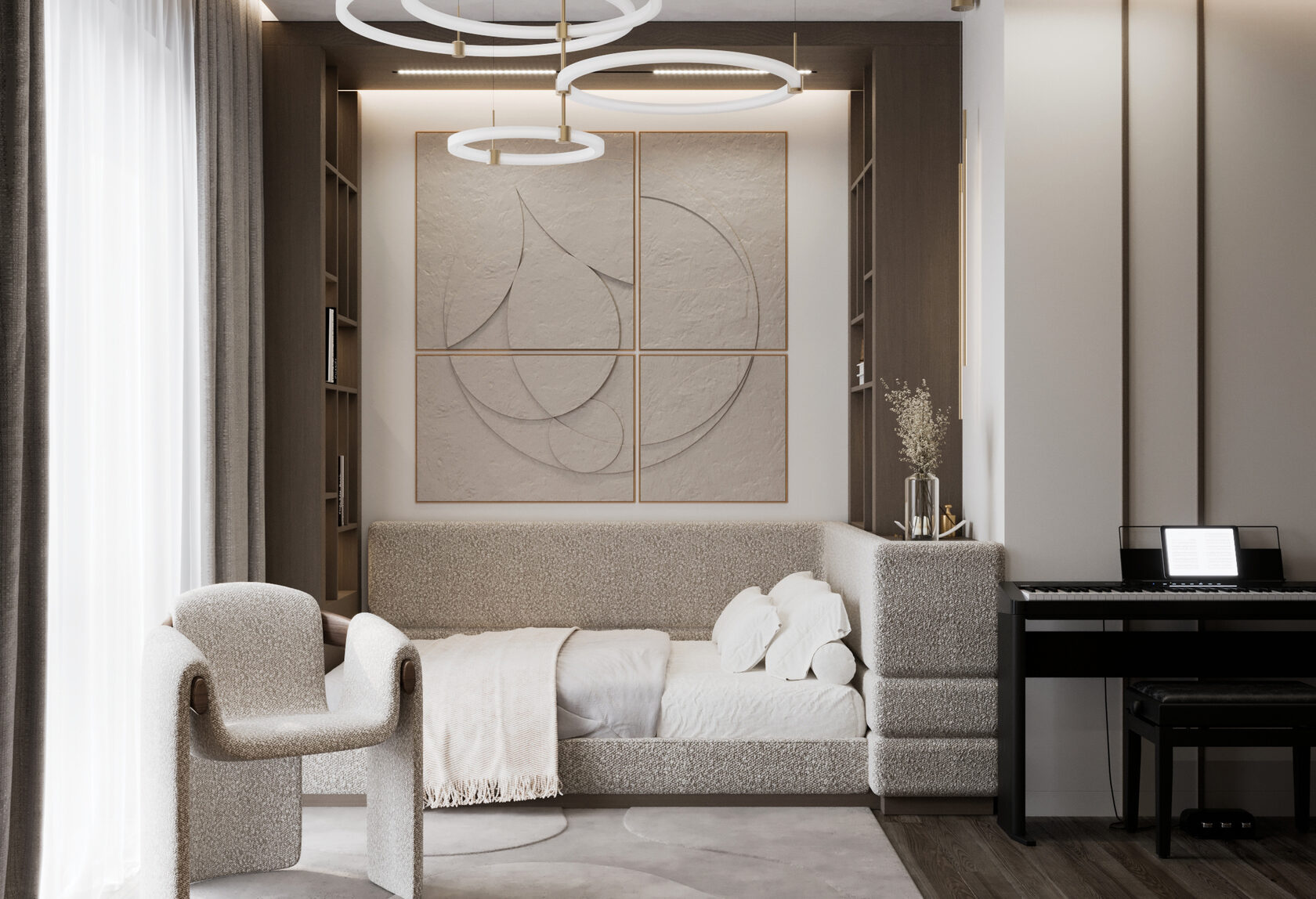 Дизайн интерьера спальни дочери, воздушность и брутальность в одном пространстве