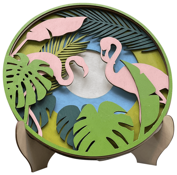 Eco-friendly DIY wooden puzzle for kids with pink flamingo and exotic nature leaves