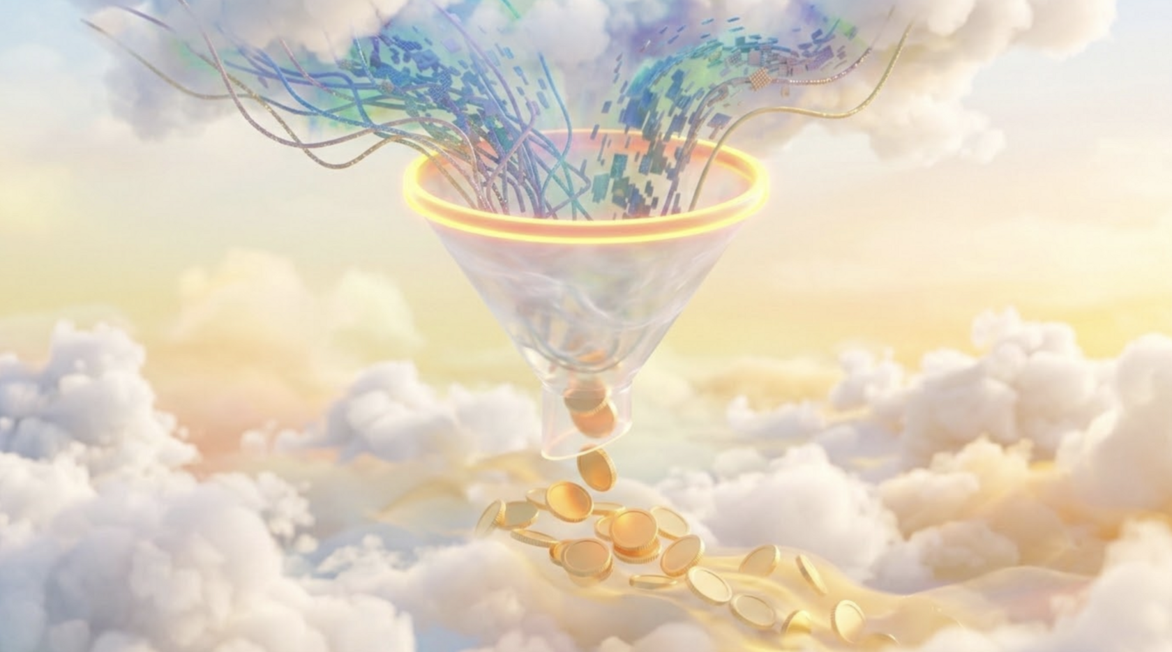A vast, spacious composition featuring a translucent, ethereal funnel floating amidst fluffy white and pastel clouds in a bright, open sky. The funnel rim glows with a vibrant neon-yellow and warm orange light. Chaotic, colorful streams of data and digita