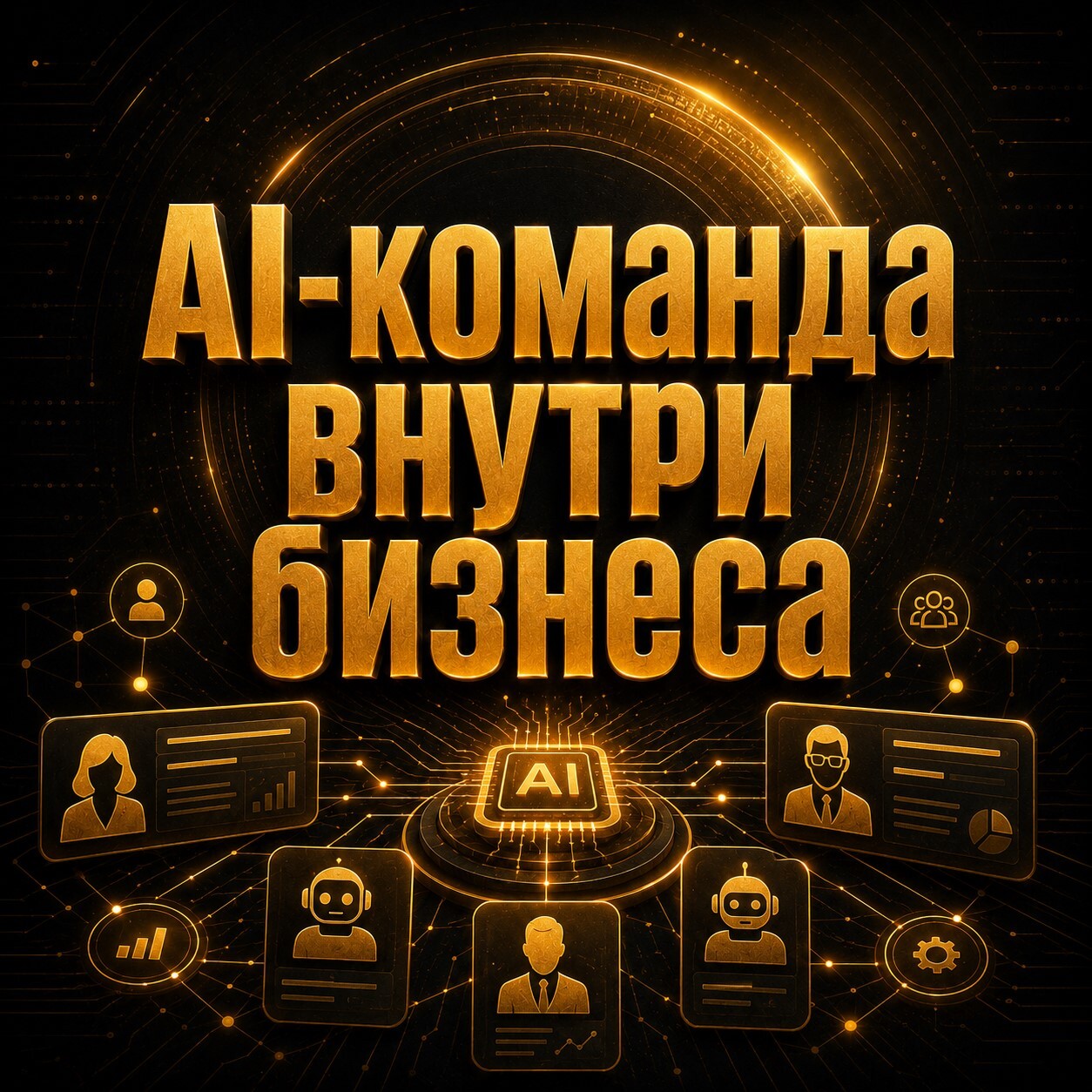 Золотой цифровой баннер с надписью «AI-команда внутри бизнеса», иконками сотрудников, карточками профилей и искусственным интеллектом в центре системы.