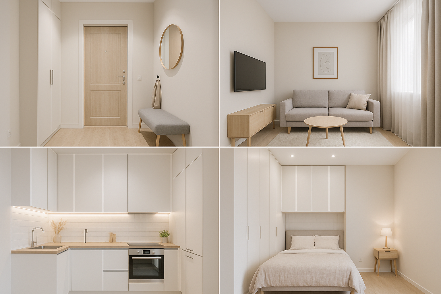 Коллаж: прихожая, гостиная, кухня и спальня в одной маленькой квартире