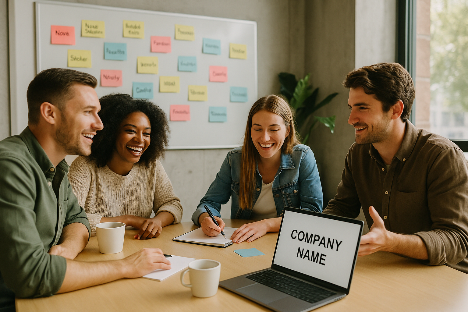 Entrepreneurs brainstorming company name ideas for a Swiss business