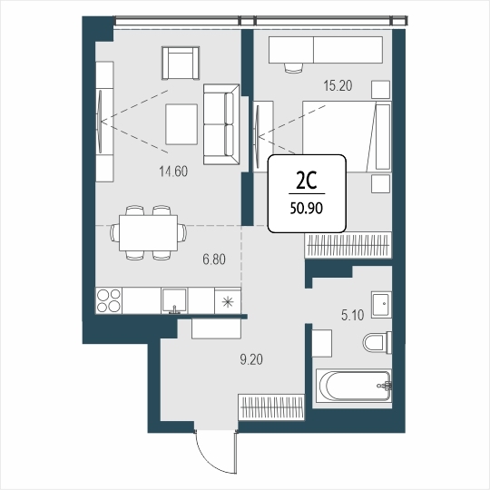Планировка: 2-комнатная квартира-студия, 50,9 м²
