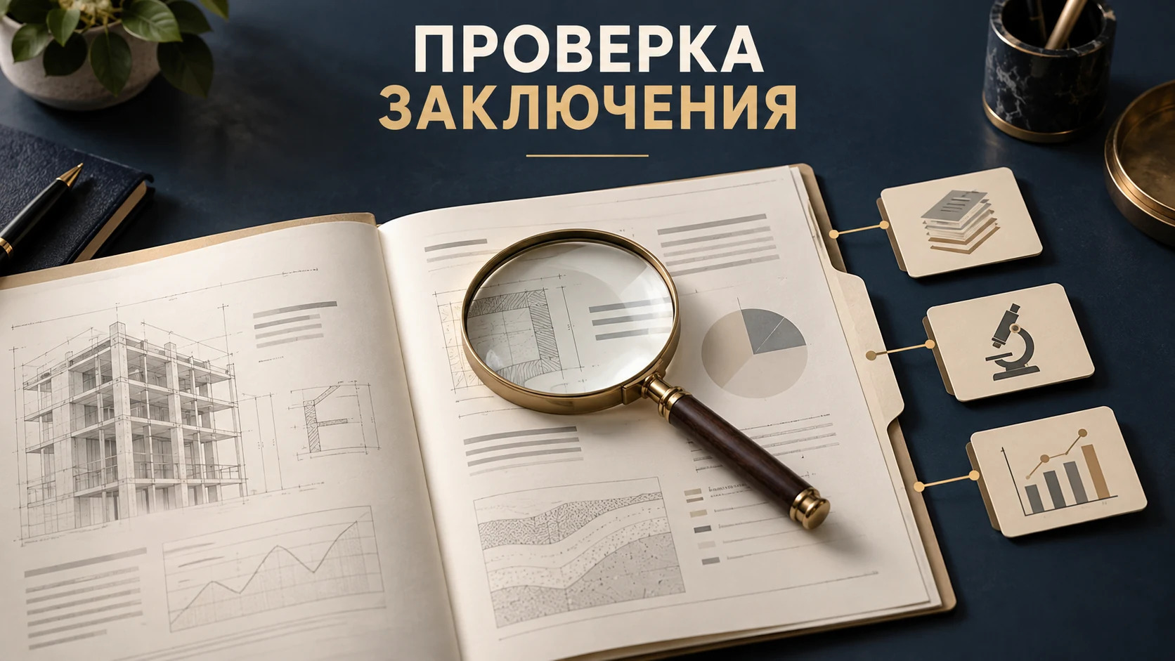 Концептуальная иллюстрация проверки заключения: открытый отчёт, лупа и связанные страницы исследования