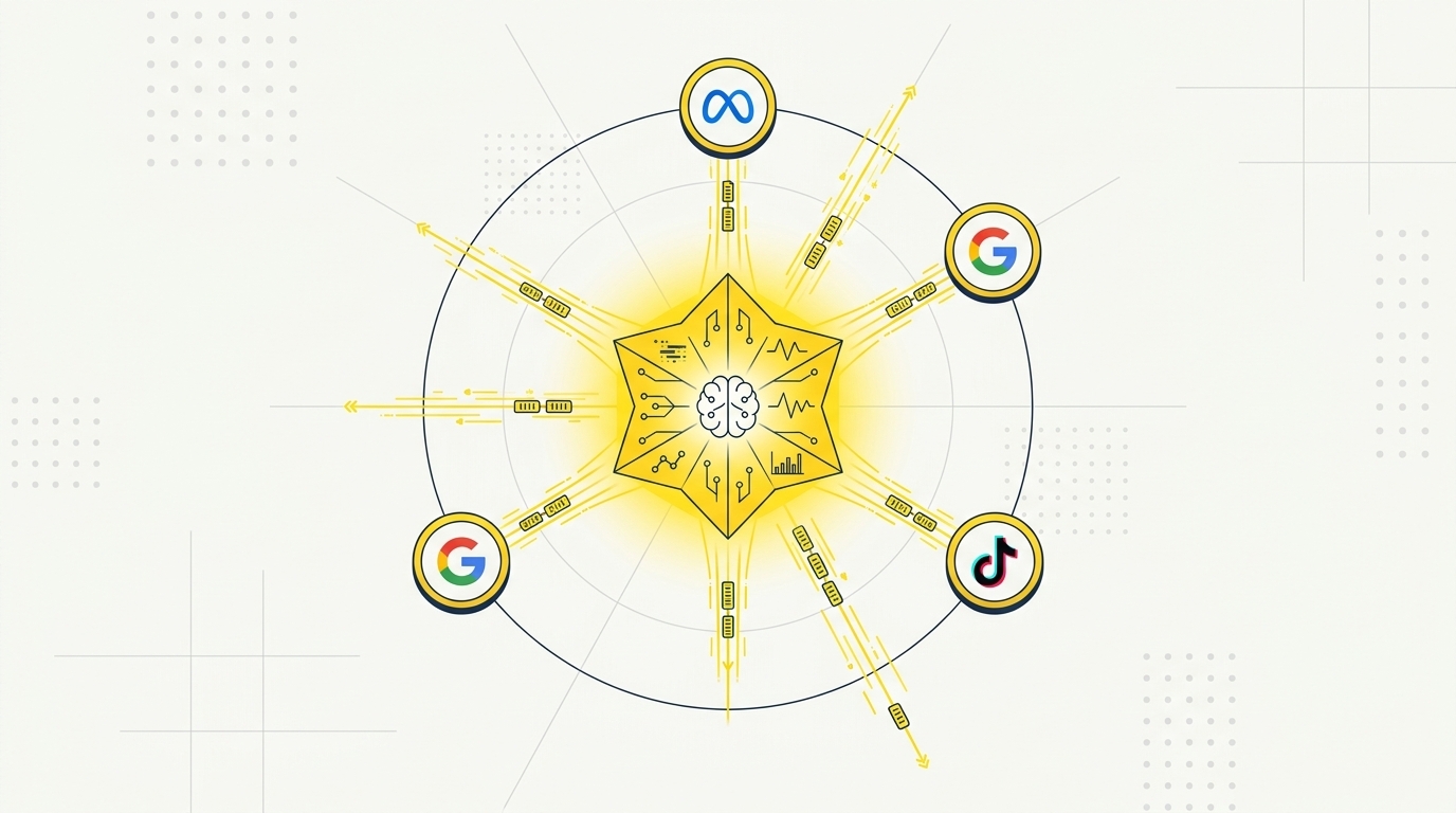 A flat editorial illustration of an autonomous marketing agent architecture.